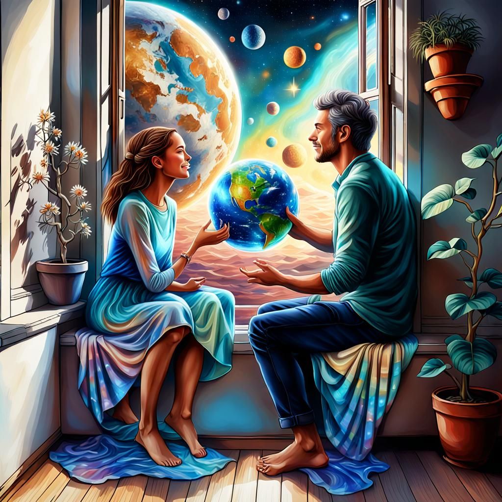 Couple Gazing Through Window in Hyperrealistic Oil Painting