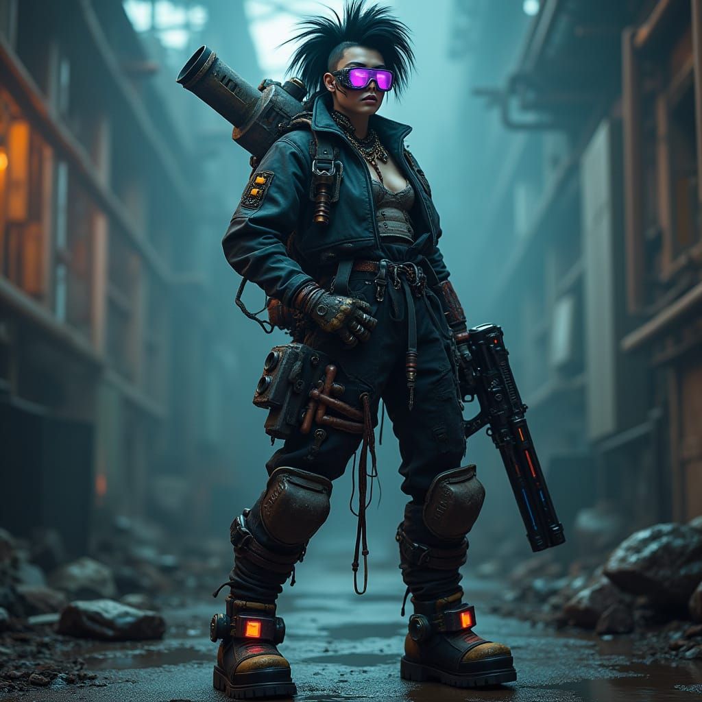 Cyberpunk Scavenger with Metallic Accents and Neon Goggles