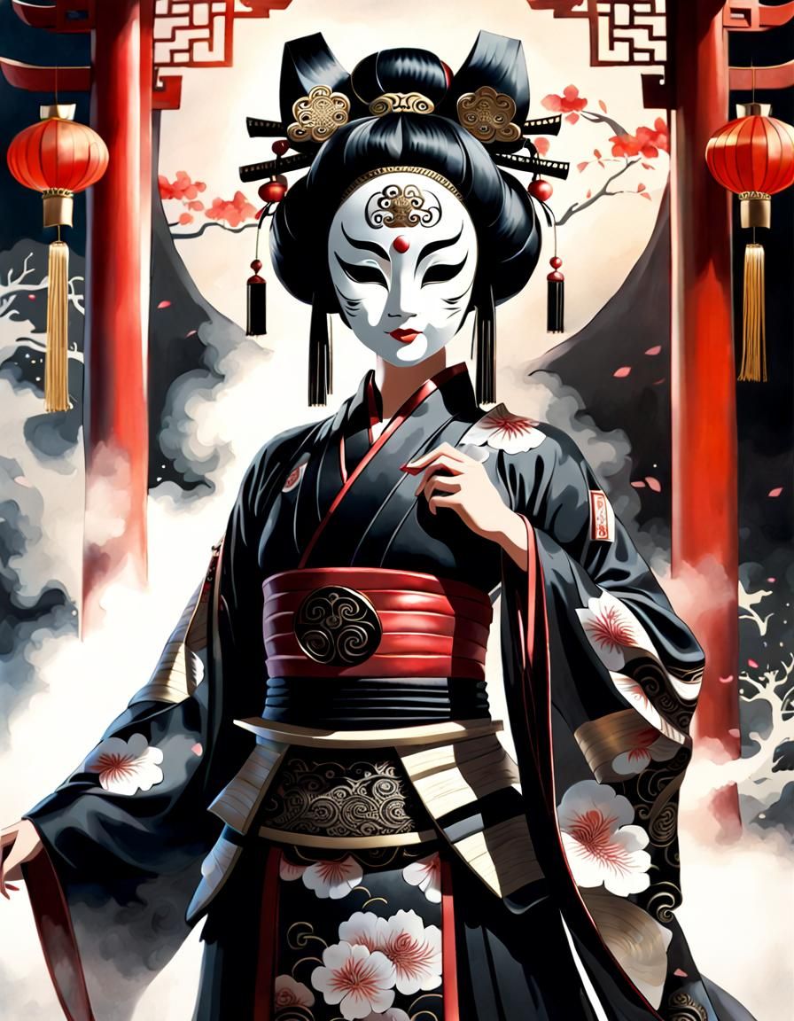 Beautiful Woman in Kabuki Mask