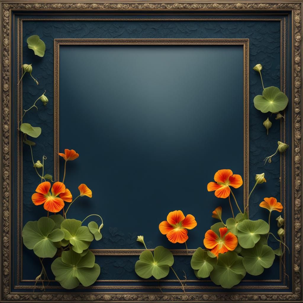 An empty frame with border of nasturtium flowers on a dark blue background
