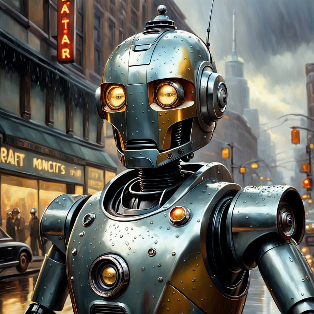 Robot Directing Traffic in 1950s Oil Painting