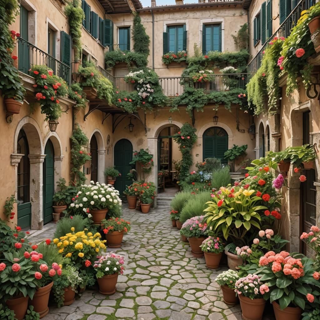 Idyllic Italian Villa Courtyard with Flowers