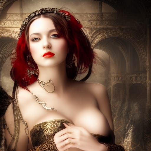 Sensual Medieval Courtesan in Revealing Clothing