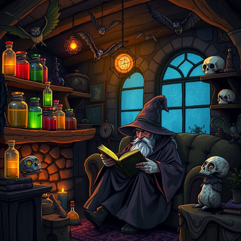 Enchanted Wizard's Lair with Magical Potions and Whimsical C...