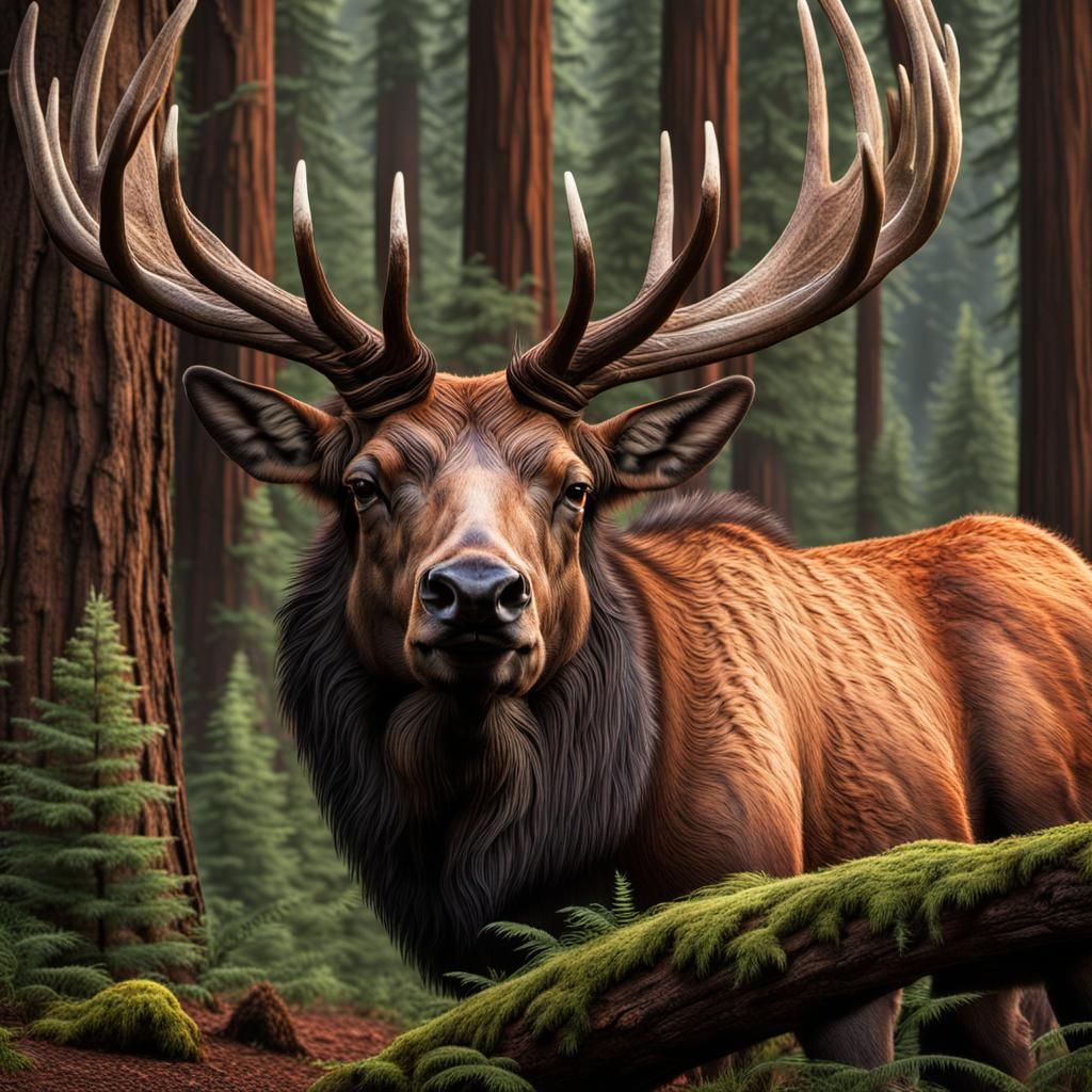 Majestic Elk in a Detailed Redwood Forest