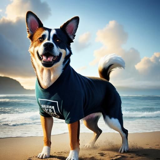 Smiling Dog on Beach in Hyperrealistic Splash Art