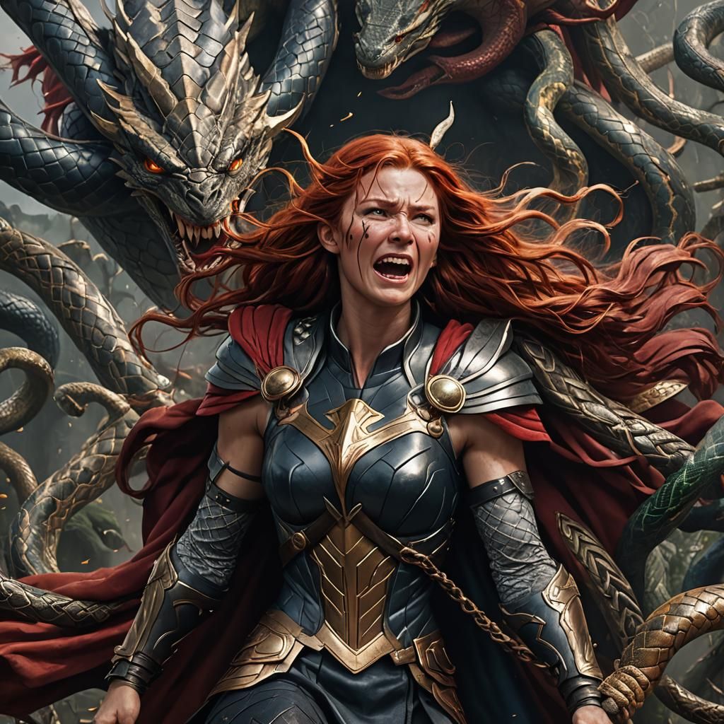 Lady Thor Swallowed by Snake in Detailed Painting