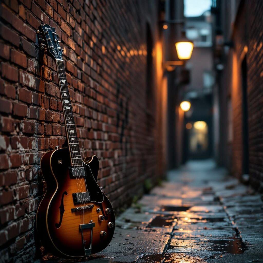 Electric Guitar in Dim Alleyway: Photorealistic Style