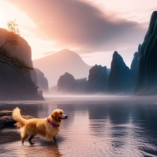 Golden Retriever in Fantastical Landscape: Detailed Matte Pa...