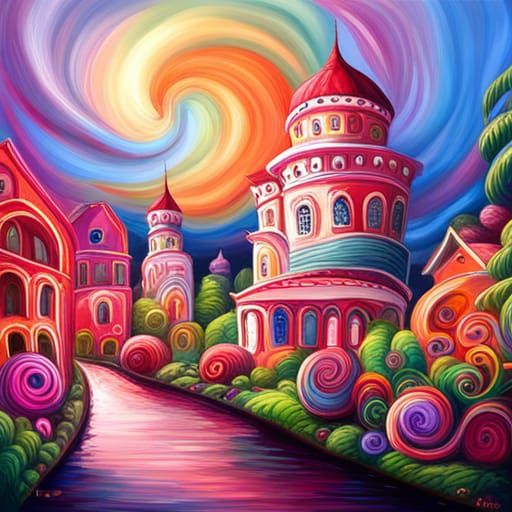 Vibrant Candyland House with Gouache Swirls