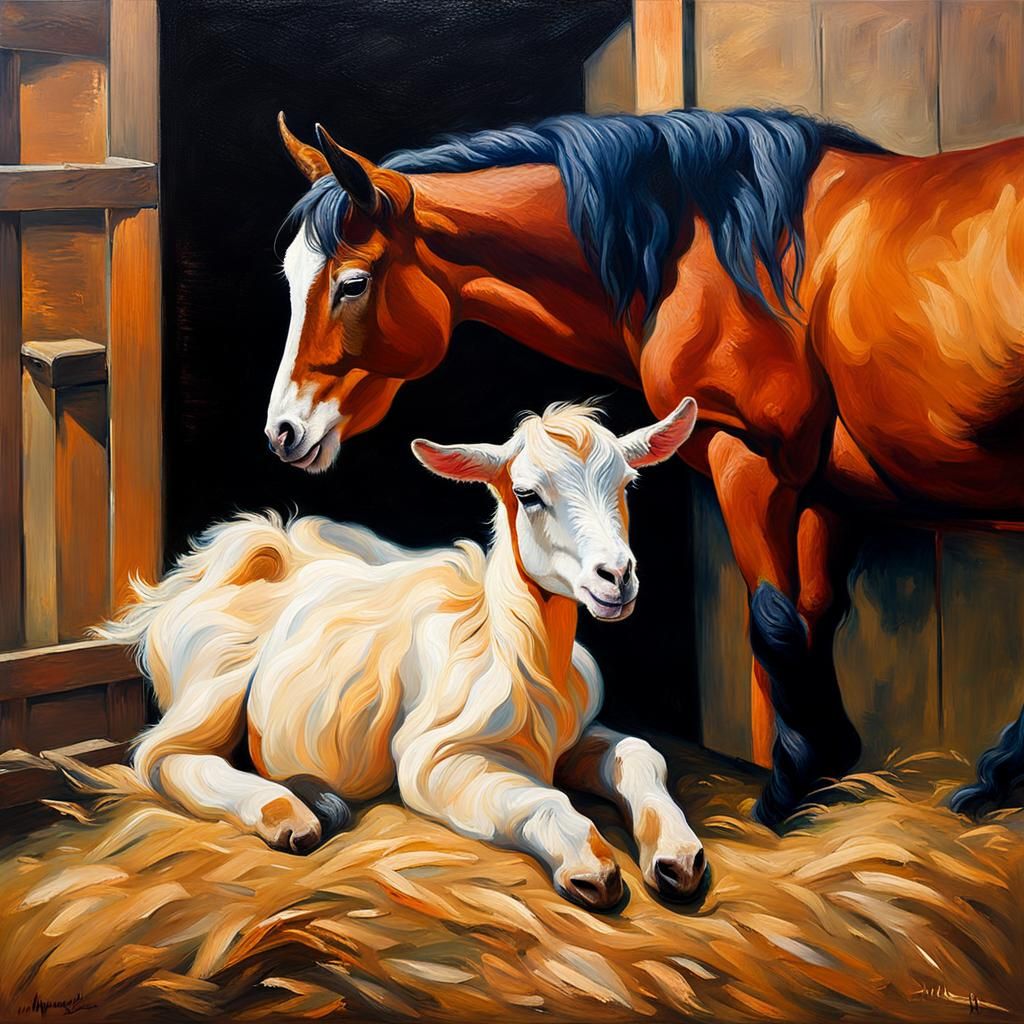 Goat and Horse Sleeping: Impressionist Impasto Painting