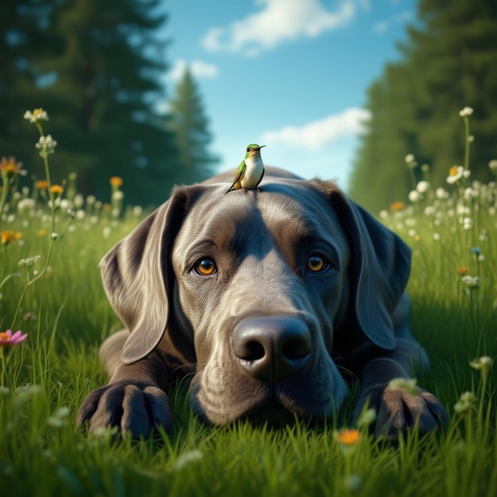 Great Dane and Hummingbird in Lush Meadow