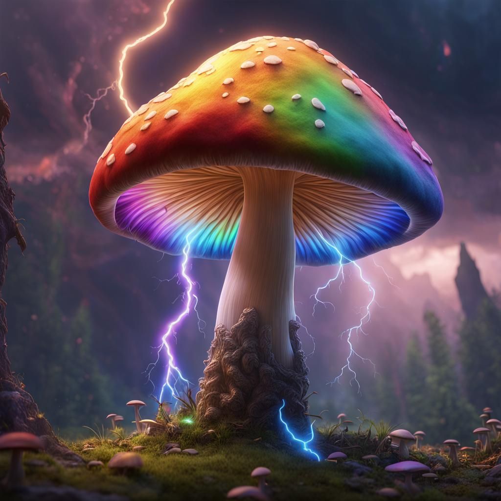 Mushroom with Rainbow Lightning: Detailed Fantasy Art