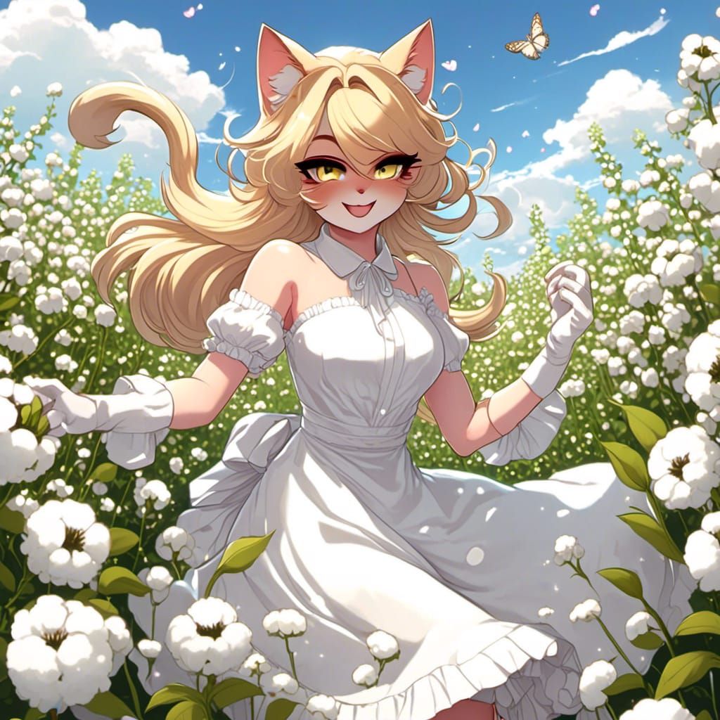 Cute Cat Girl Dancing in Cotton Field