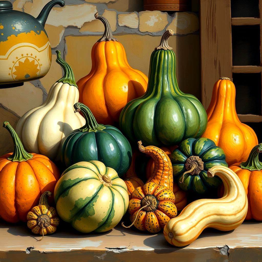 Colorful Gourds Still Life in Folk Art Style