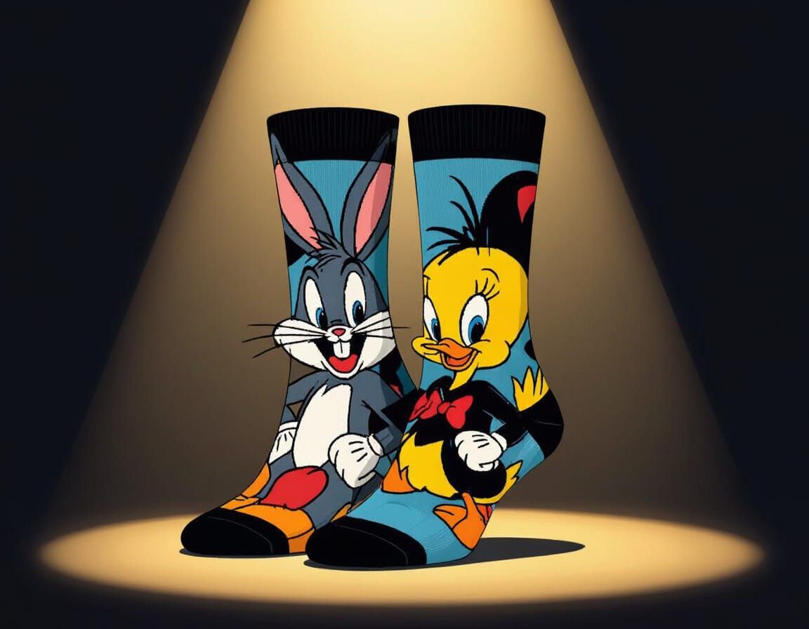 Cartoon Character Socks Under a Spotlight