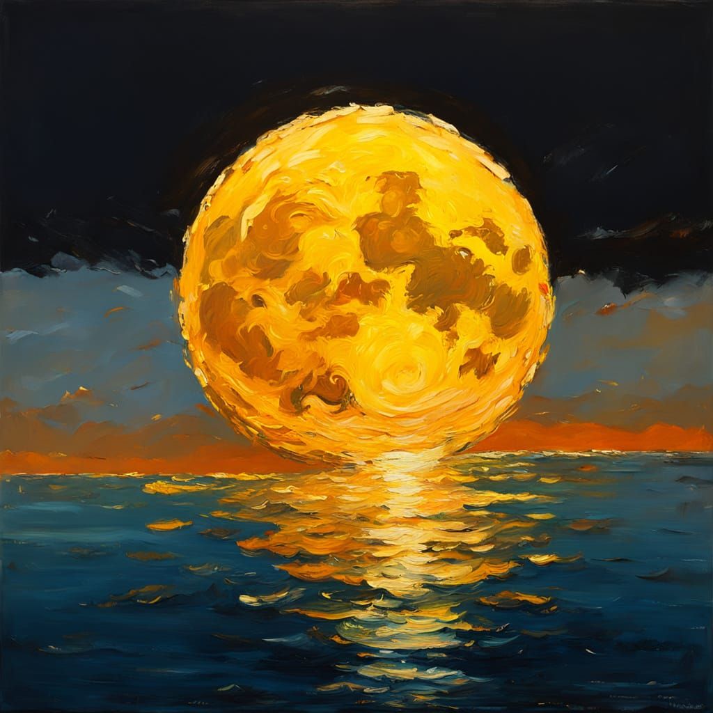 Golden Honey Moon Reflected in a Calm Sea, in Neo-Impression...
