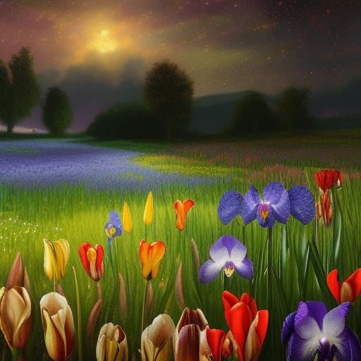 Colorful Starry Night Over Flower Meadow