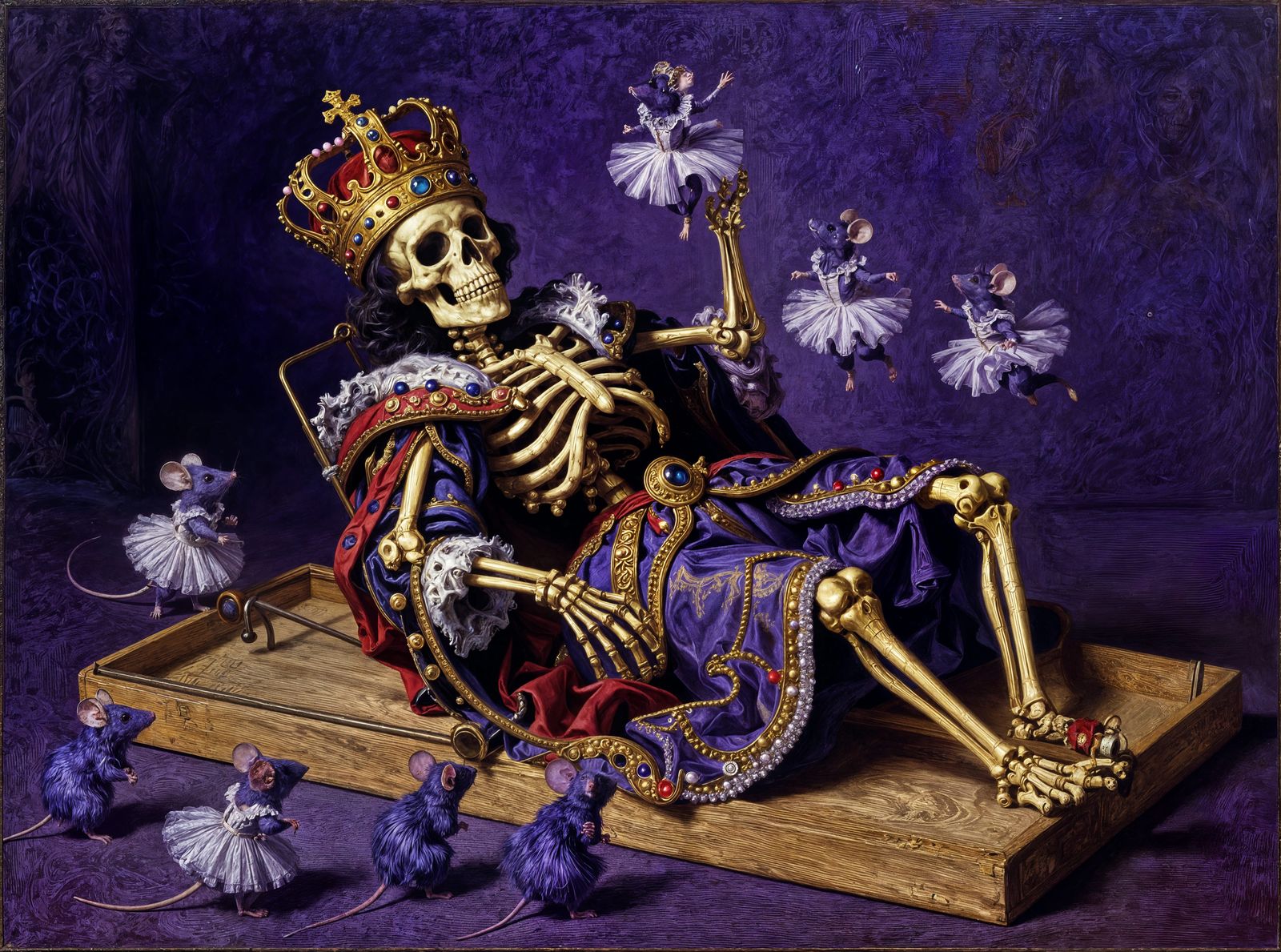Skeletal King Trapped: Mice Dance on Crown