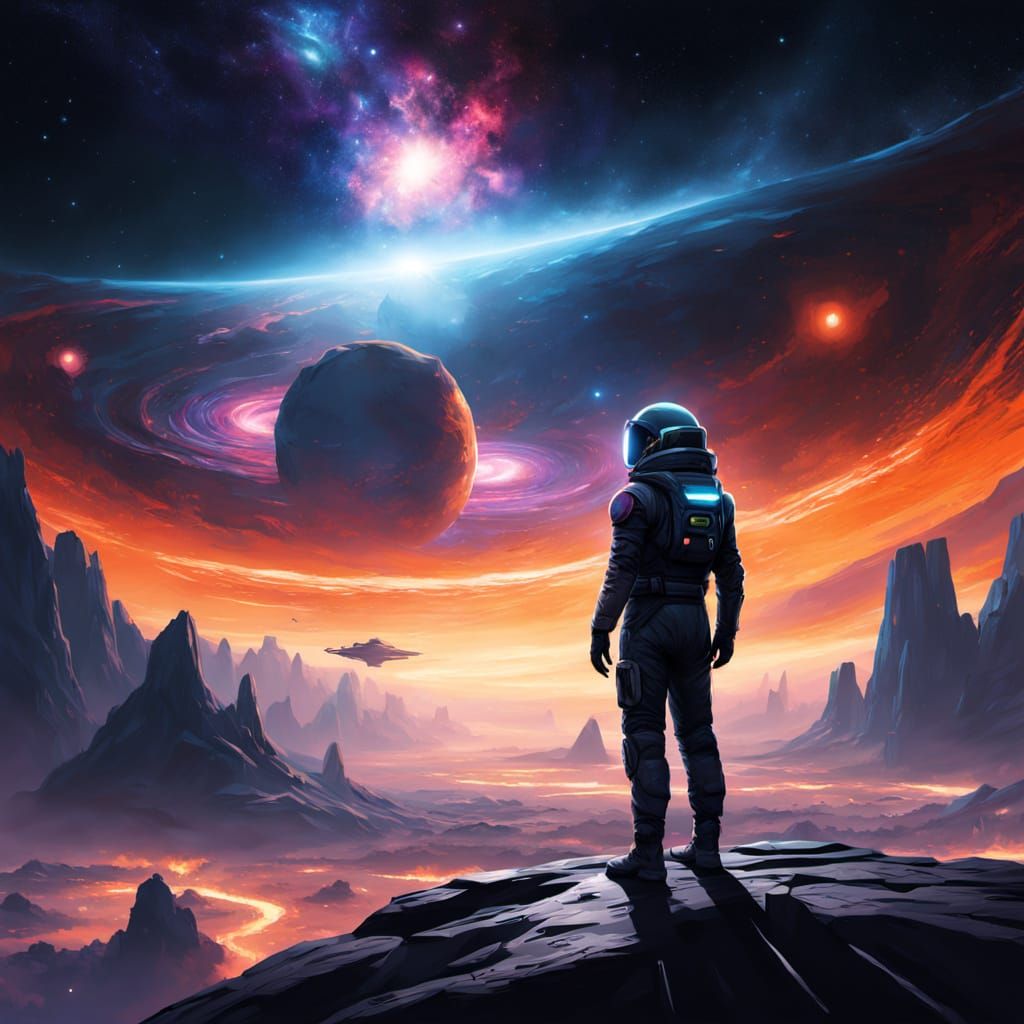 Space Explorer Stands Heroically Among Nebula-Filled Galaxy