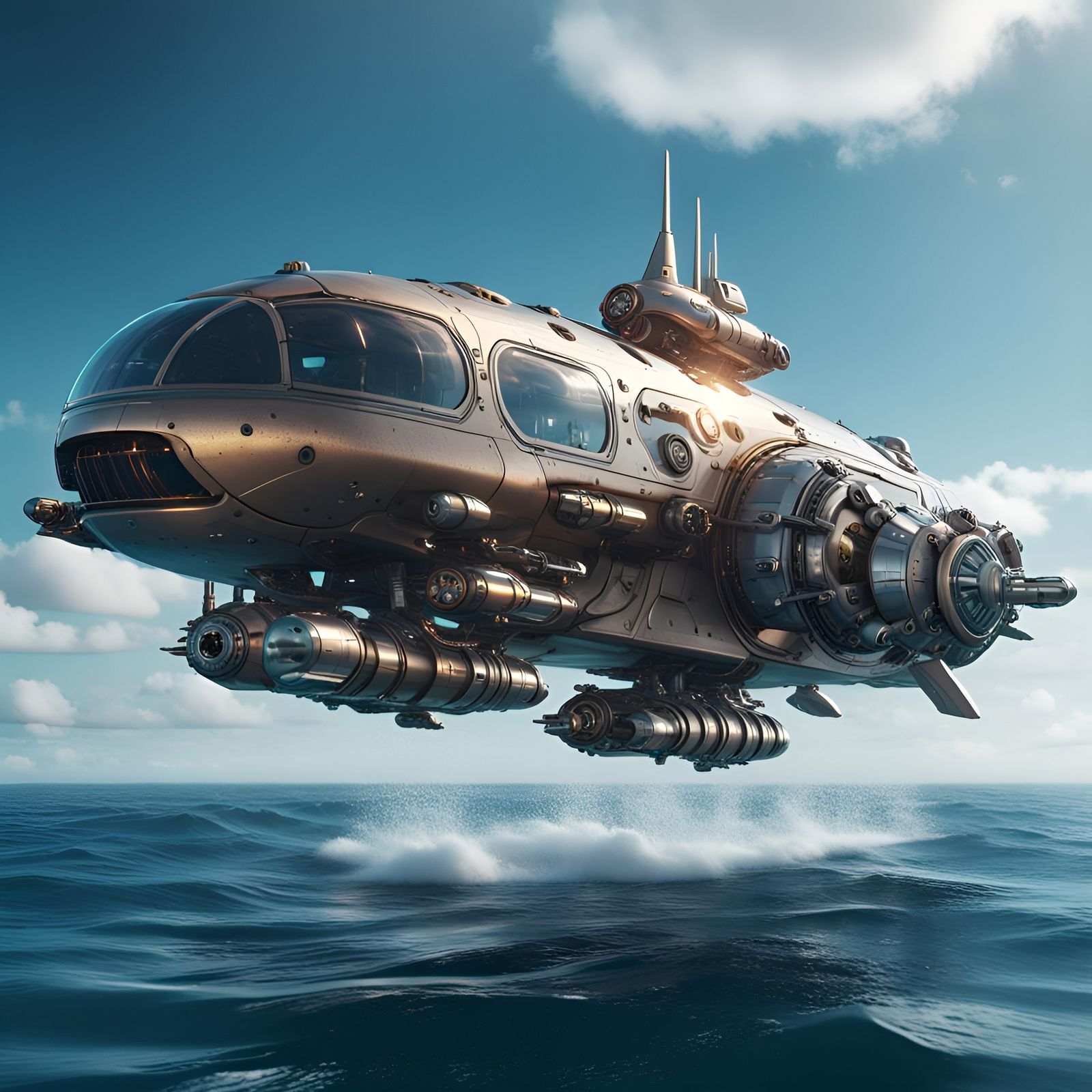 Futuristic Flying Submarine Over Ocean in Sci-Fi Style
