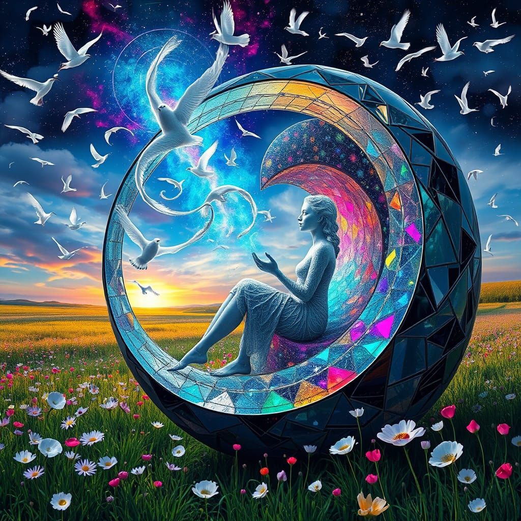 Sculptor in Surreal Spiral Amidst Nature and Mirrors