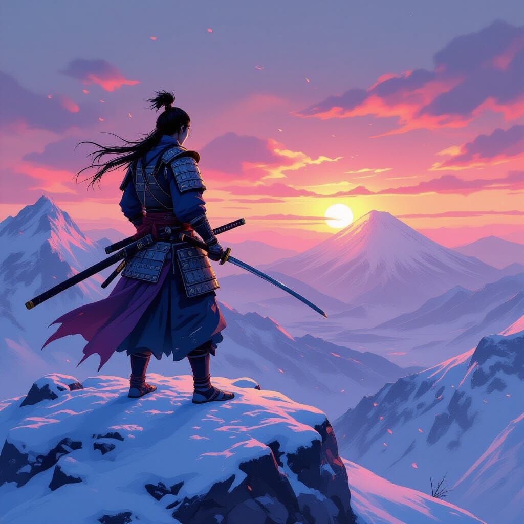 Samurai on Snowy Peak at Dawn in Hyperrealistic Style