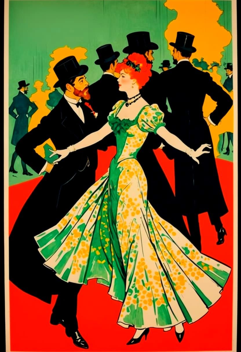 Dynamic Cabaret Dancers Art Deco Lithograph Poster