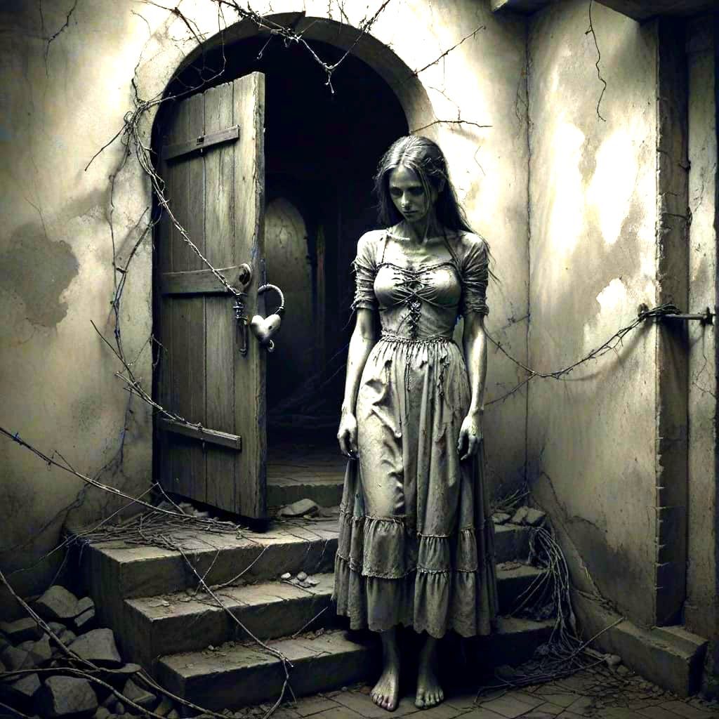 Surreal Stone Heart With Barbed Wire and Staircase