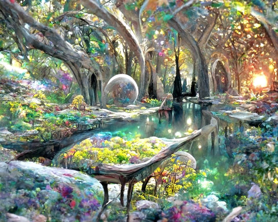 Luminous Stained Glass Tree in Fantasy Forest