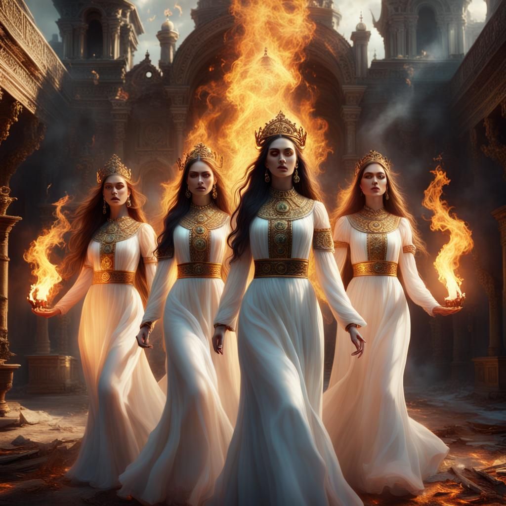 Women Dancing on Fire with Icons: Fantasy Art