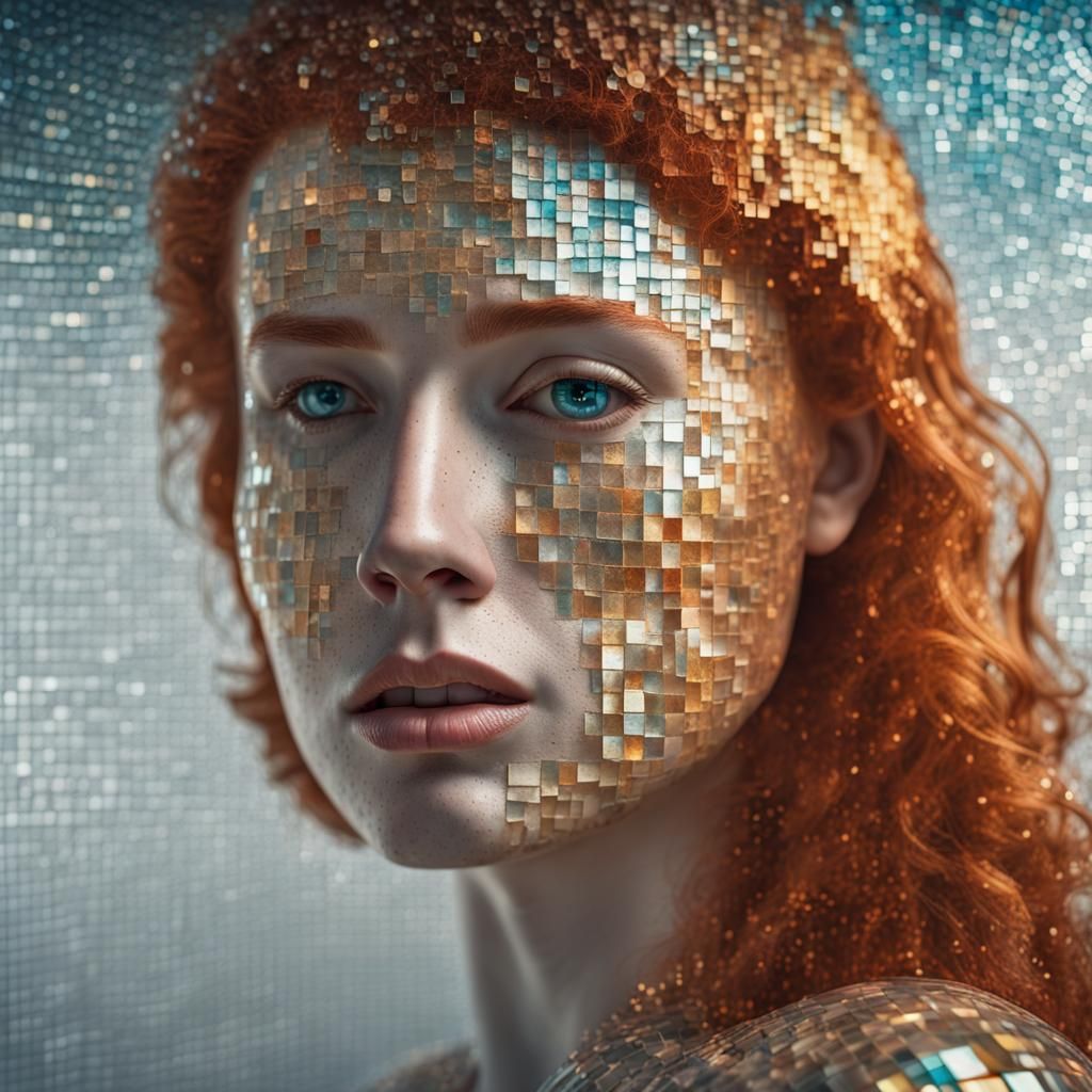 Iridescent Glass Mosaic Portrait of Wistful Woman