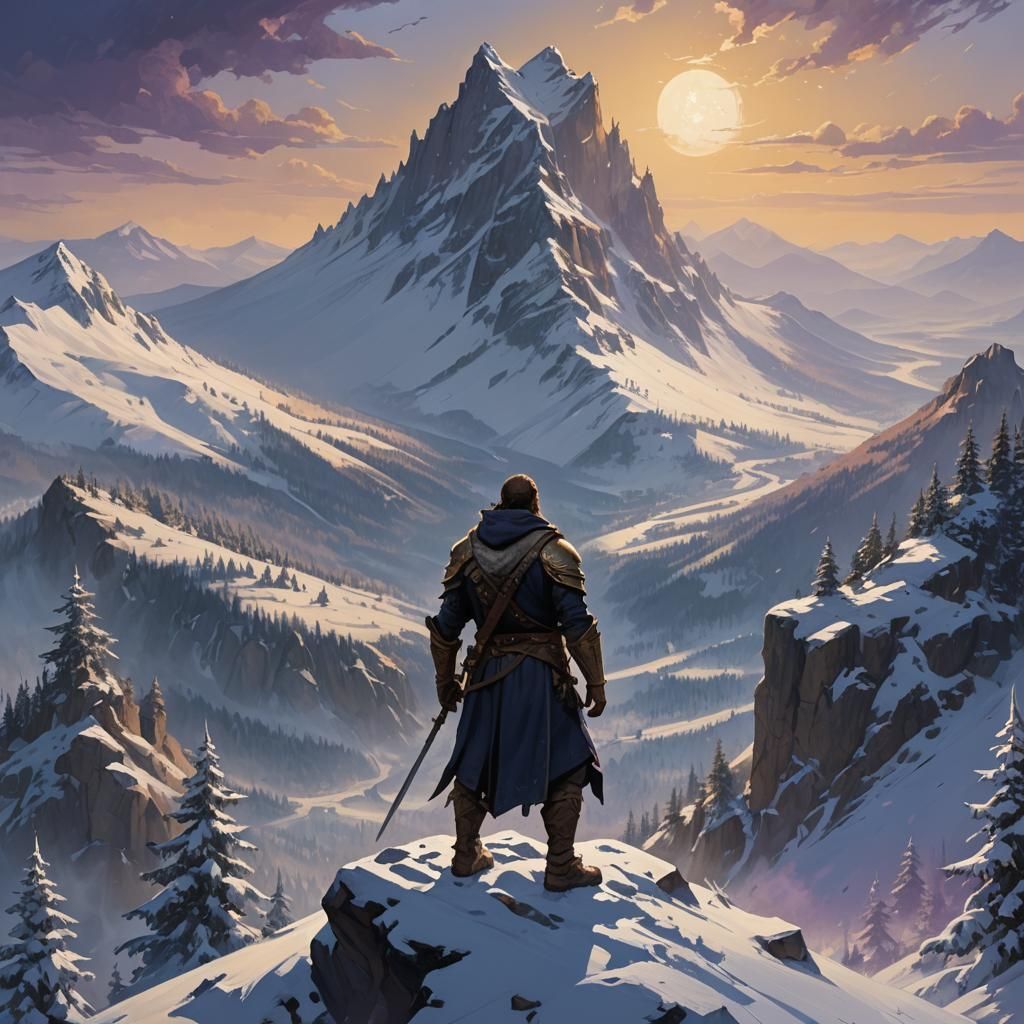 Fantasy Warrior on Mountain Peak in Cinematic Style