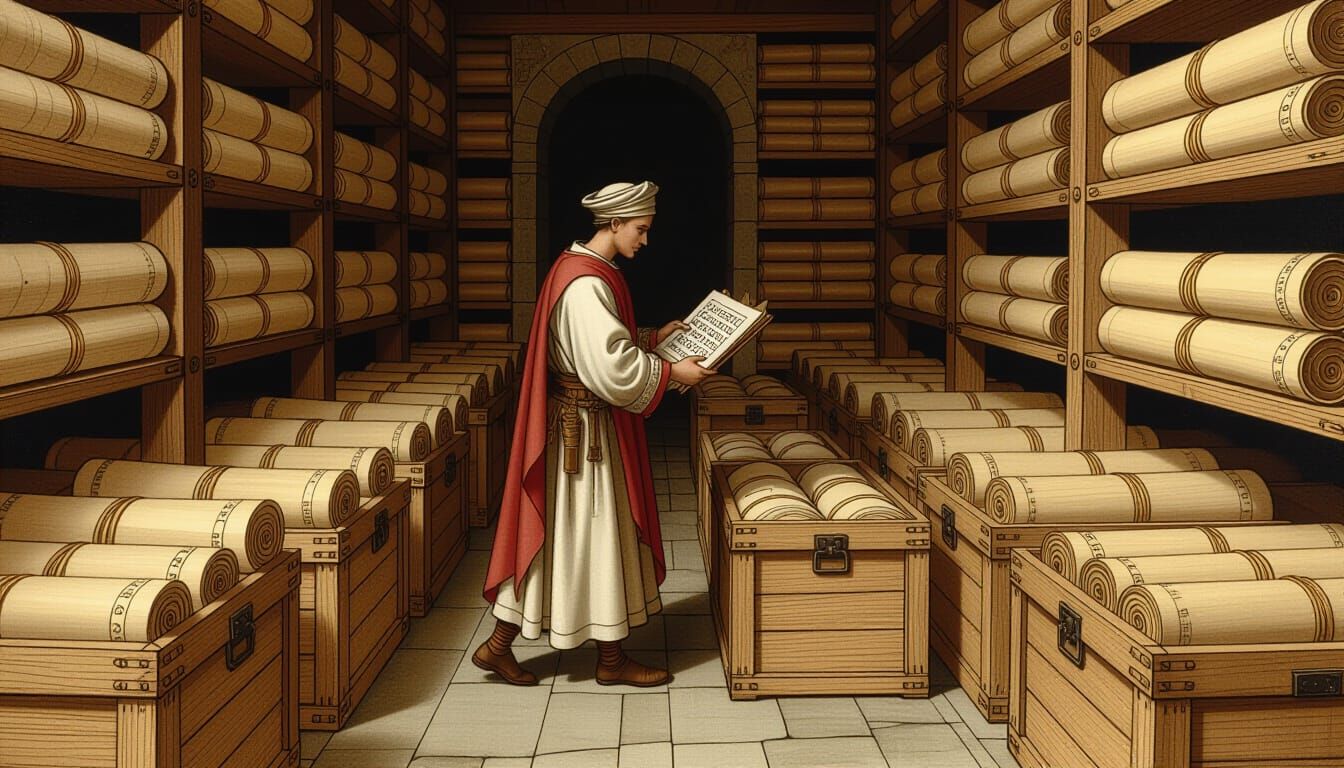 Scribe Enters Chamber of Ancient Papyrus Rolls