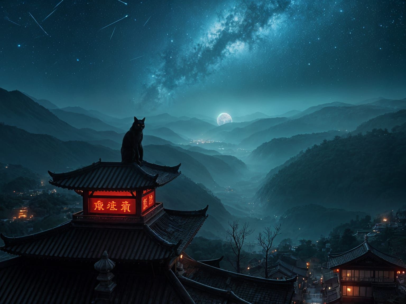 Cyberpunk Cat Gazing at Starry Valley