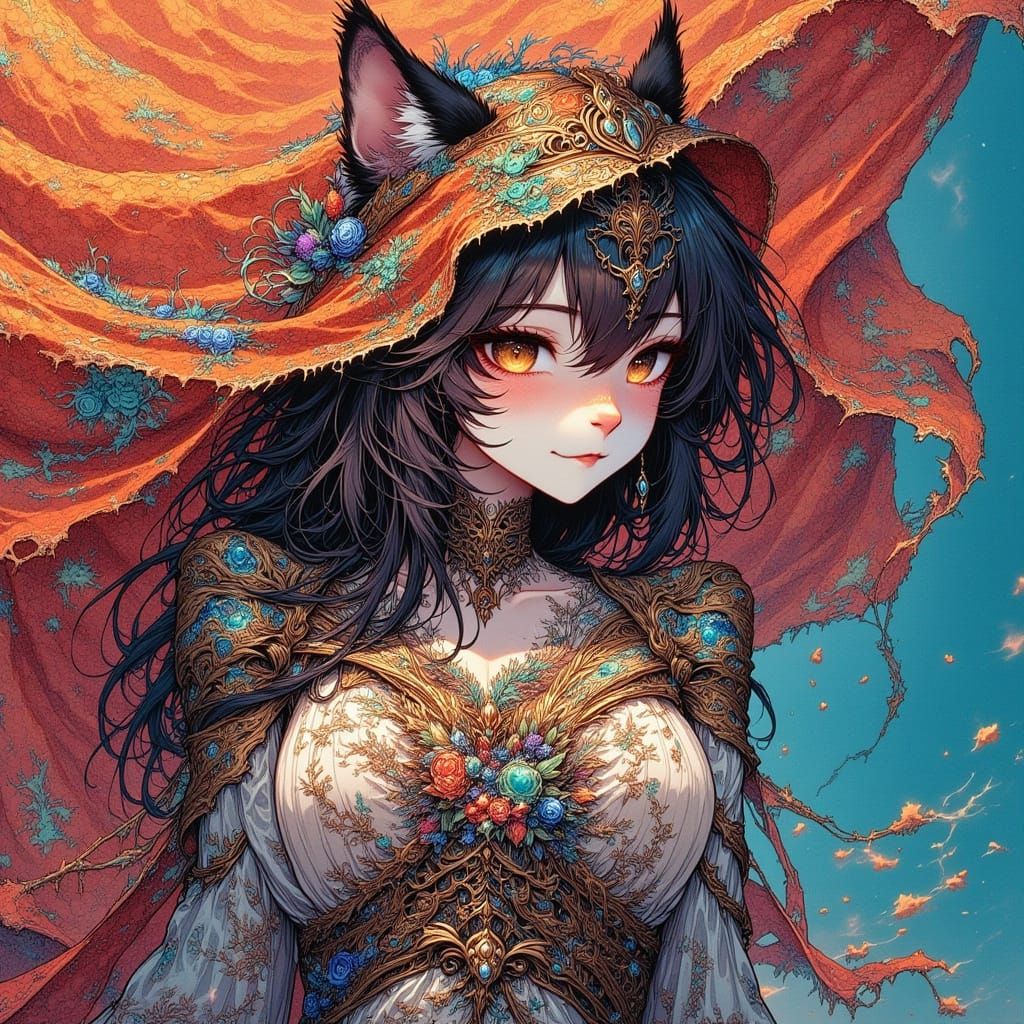 Noble Cat Girl in 80s Anime Battle Damage Style