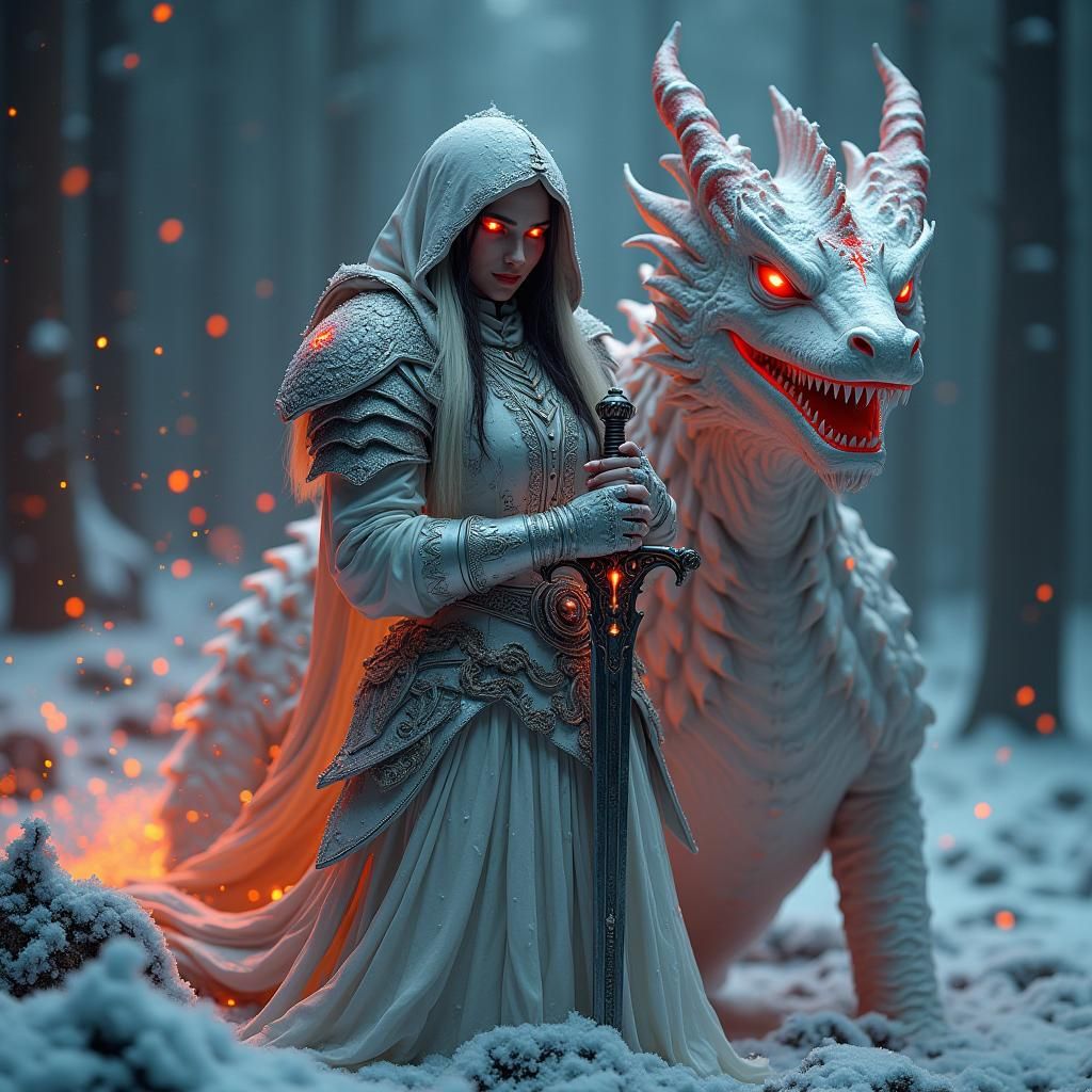 Snow Goddess in Armor with Dragon Companion