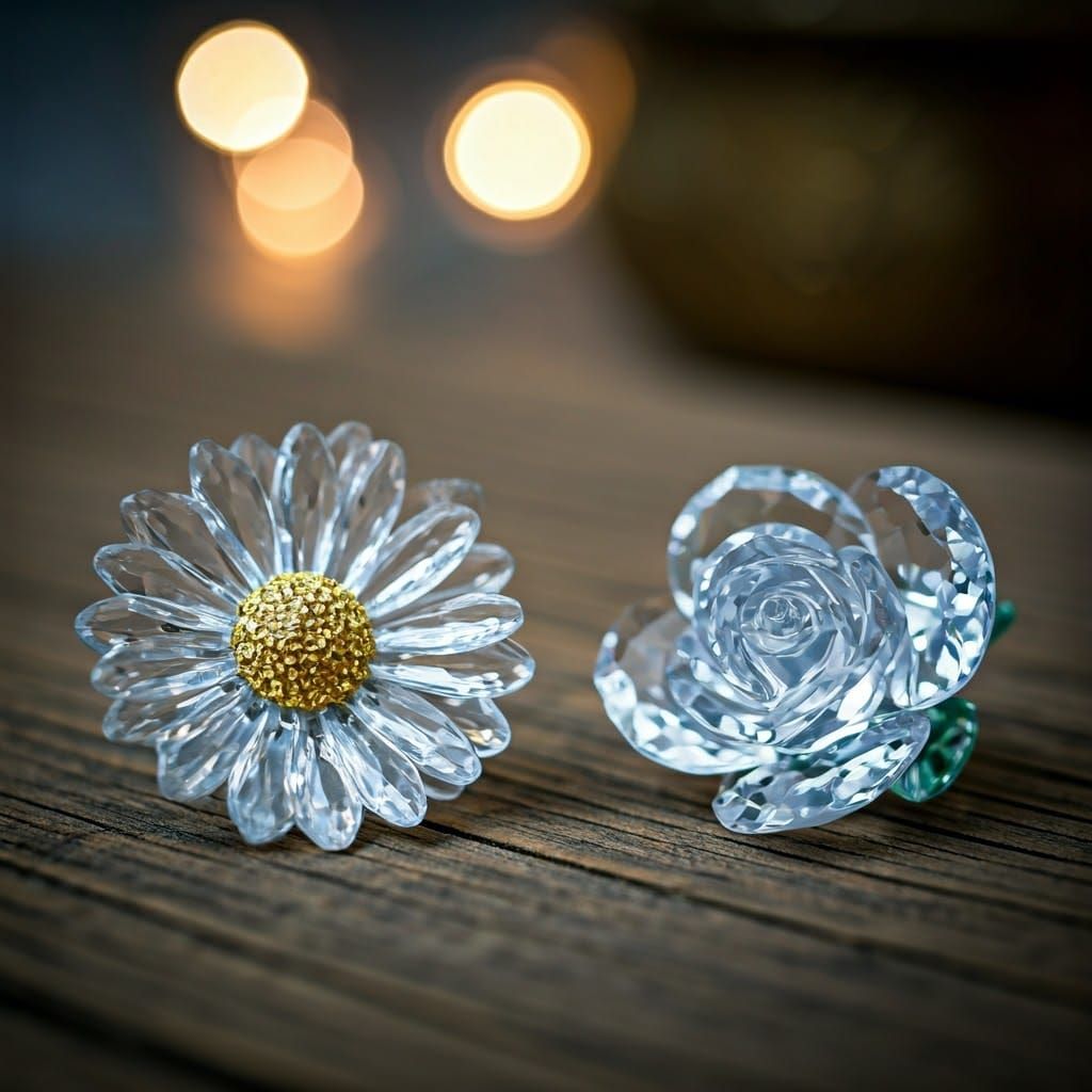 Crystal Flowers on Wood Table in Art Nouveau Style