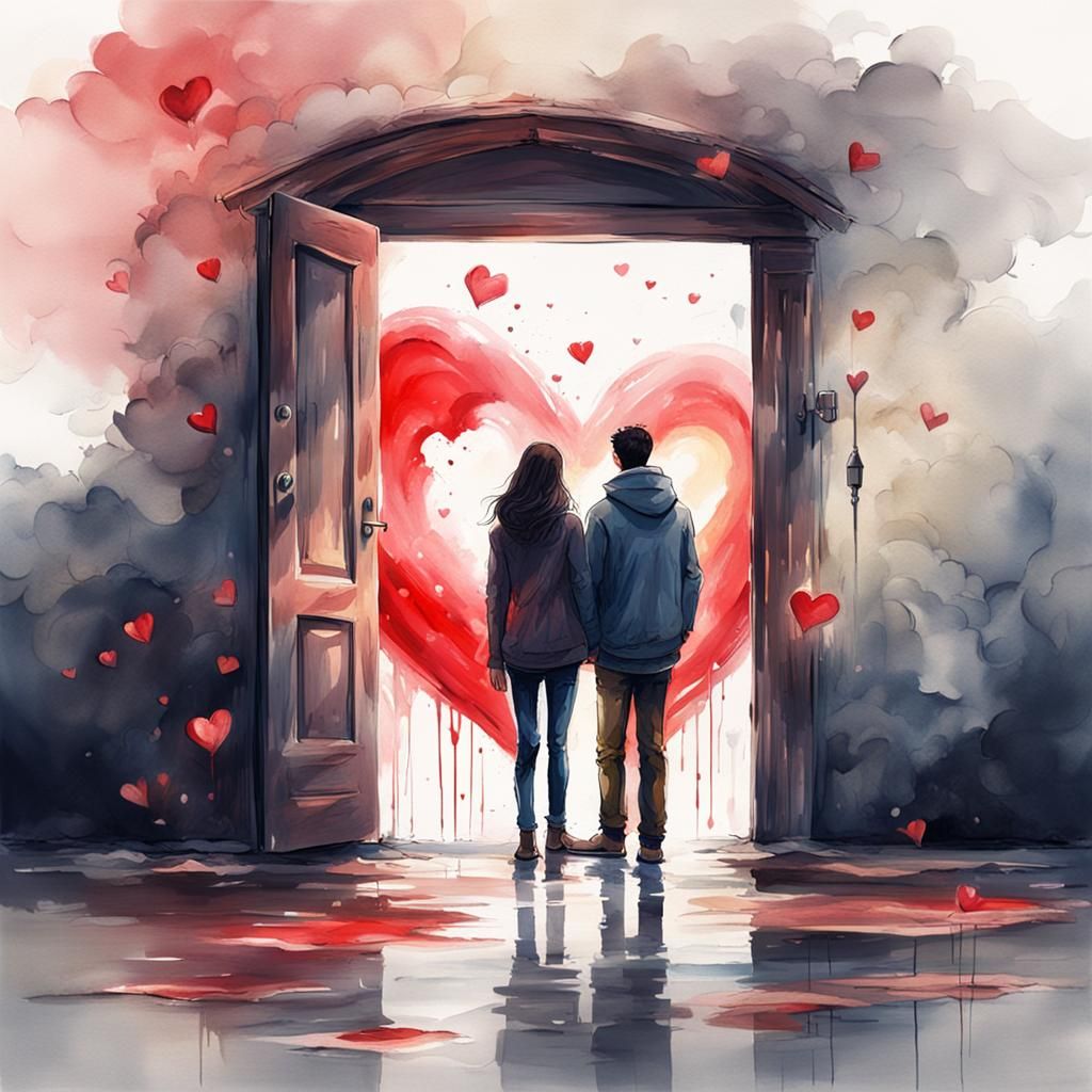 Couple at Heart Doorway in Watercolor Style