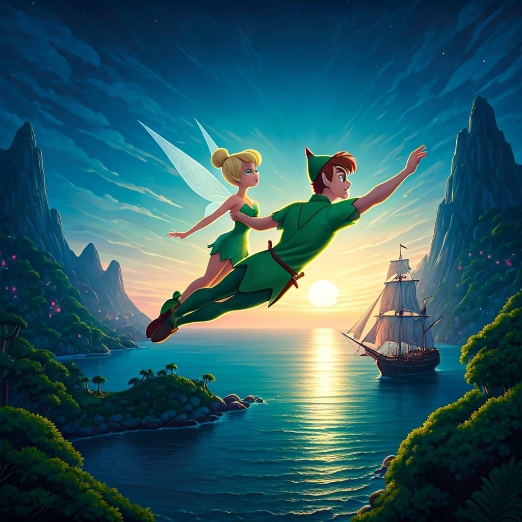 Peter Pan and Tinkerbell Over Neverland at Dusk