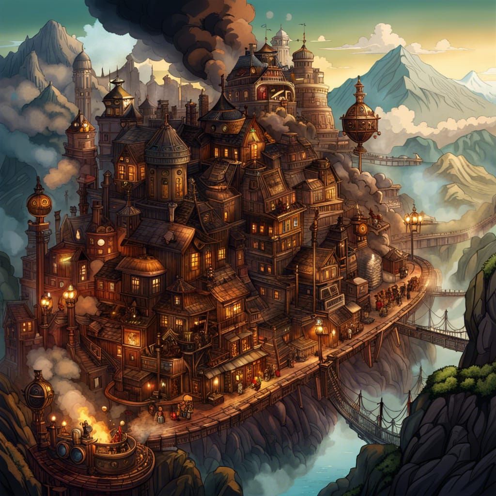 Steampunk City Mountain Scene in Anime Style