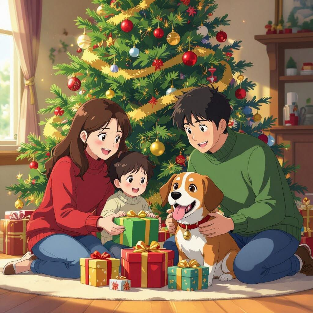 Joyful Family Christmas Opening Presents with Sausage Dog