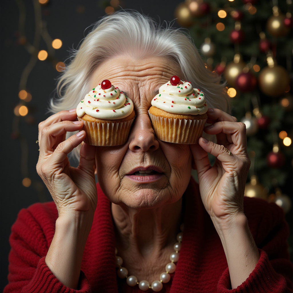 Whimsical Old Lady with Christmas Cupcakes