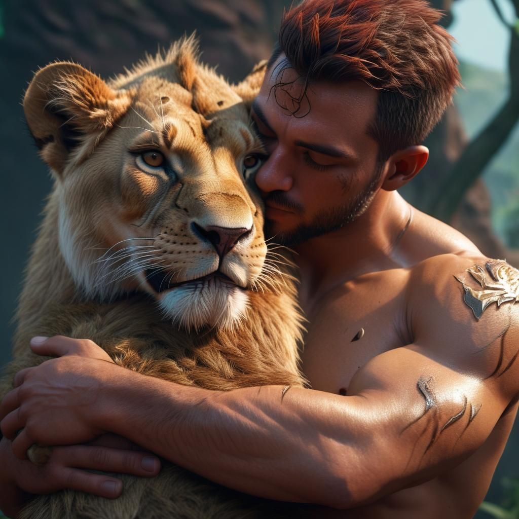 Man and Lion Cub: Detailed Matte Painting