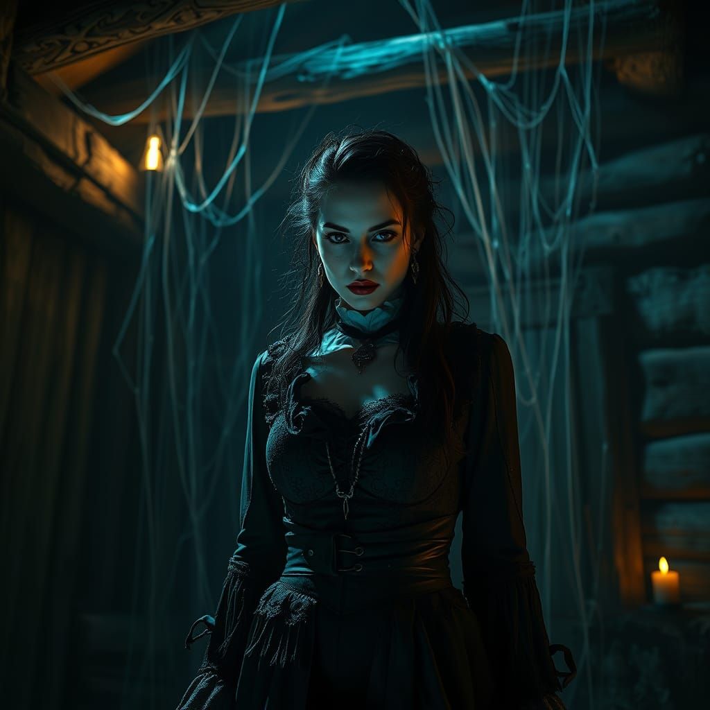 Victorian Vampire in Eerie Cabin, Dark Fantasy Art