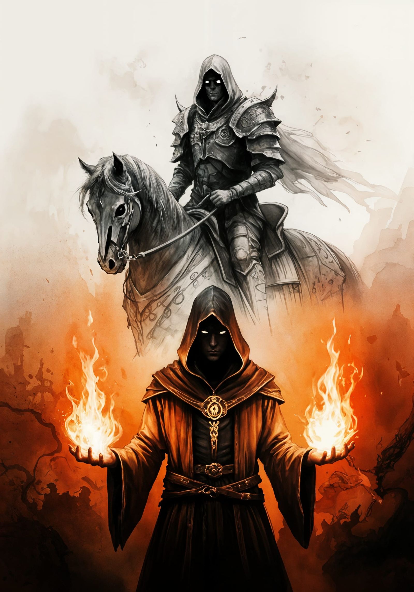 Warlock Summoning the Pale Rider of War in a Fiery, Abstract...