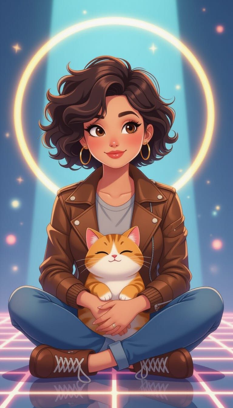 Cartoon Woman with Cat on Futuristic Grid, Pixar Inspired
