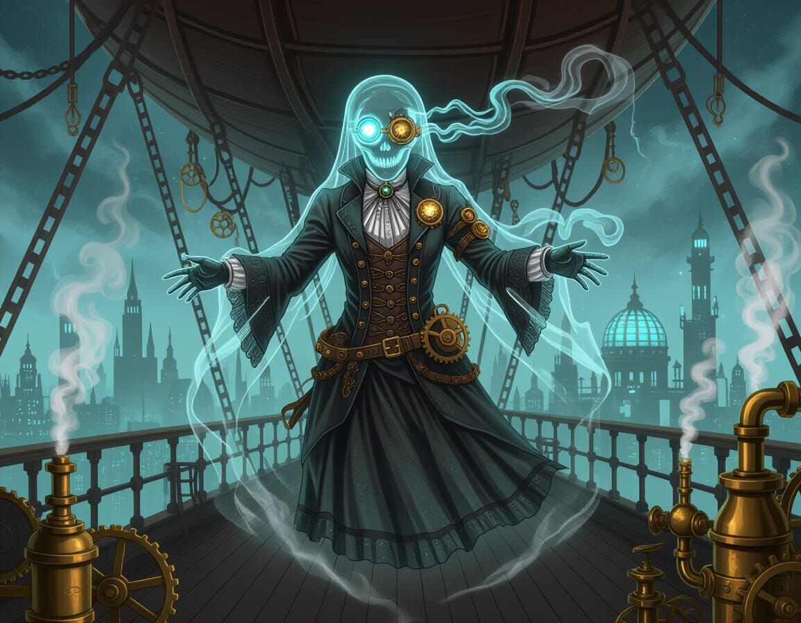 Steampunk Ghost Haunts Airship Deck in Aetherpunk Style