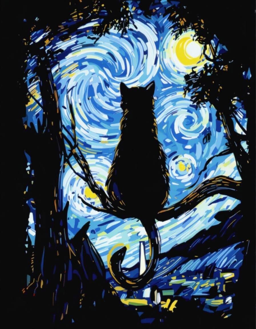 Black Cat Gazing at Starry Night in Van Gogh Style