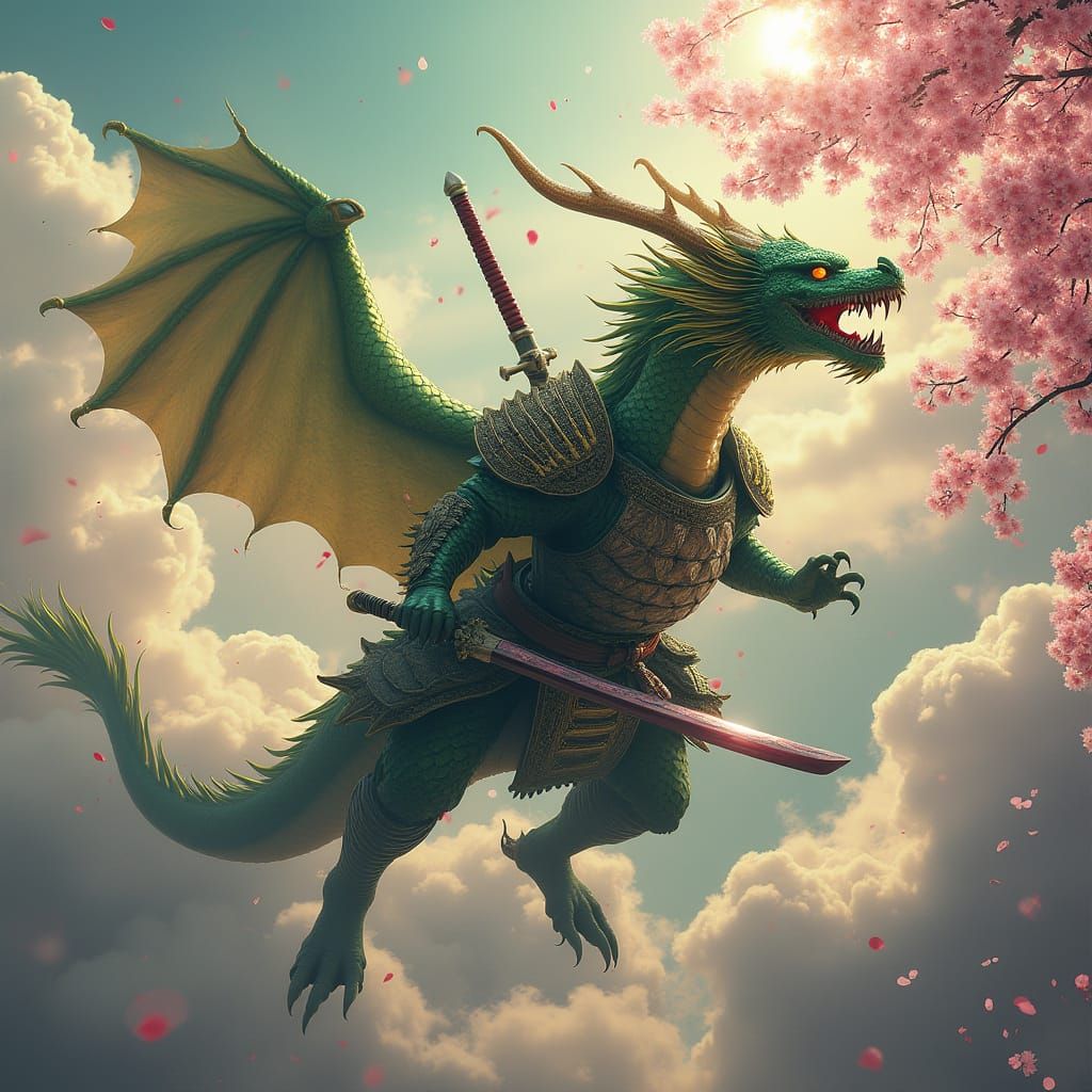 Emerald Dragon Samurai Soaring Over Cherry Blossoms